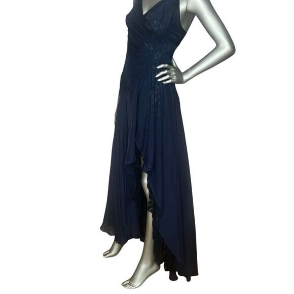 Meghan Silk Lace-Trim Dark Blue  Gown Dress 4 (024) - Picture 8 of 15